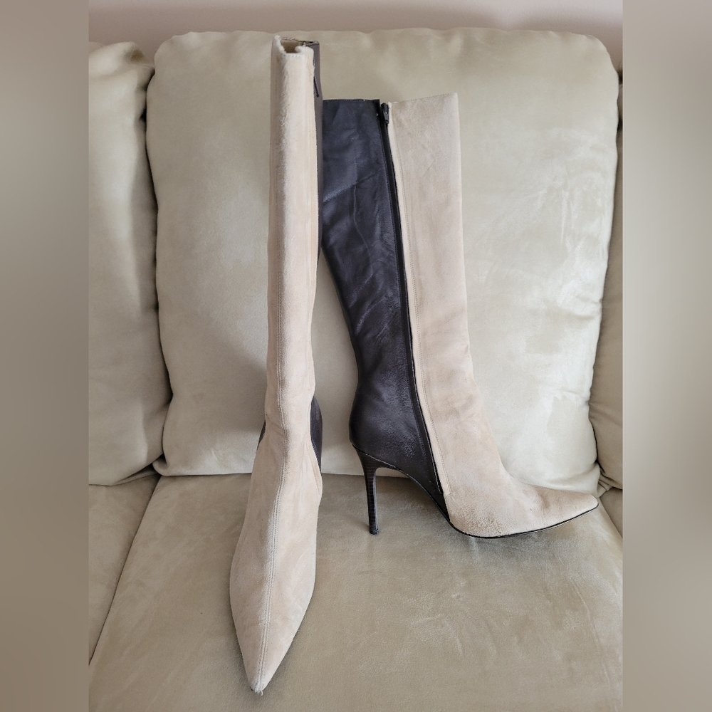 Brown Leather and Tan Suede knee height boots